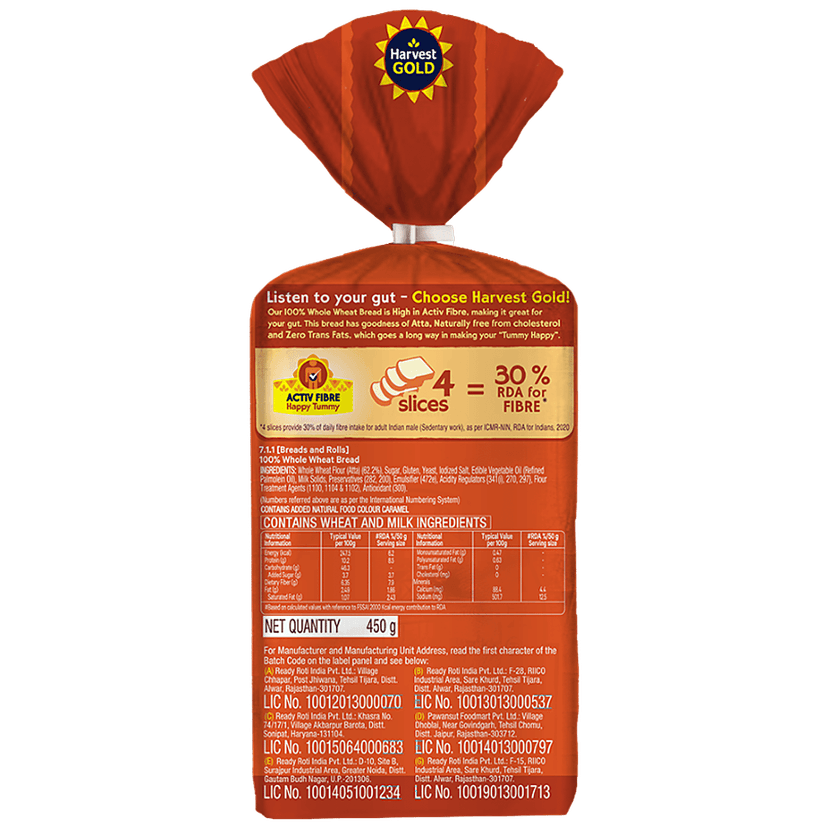 Harvest Gold Bread - 100% Whole Wheat, 450 G view 2