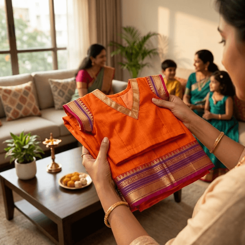 Mom and Me Girls’ Lehenga Choli/Parker Polka/Pattu Pavadai (0 Months–6 Years) | Acrylic Cotton with Soft Cotton Lining | V-Neck, Short Puff Sleeves, Zipper Closure (Orange, 5-6 Y) view 3