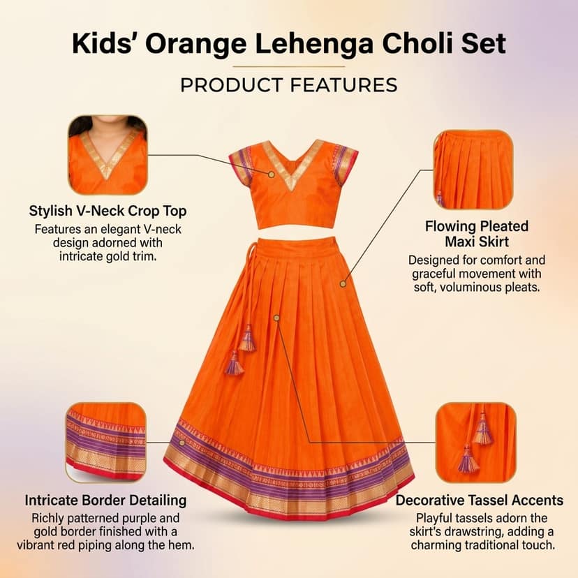 Mom and Me Girls’ Lehenga Choli/Parker Polka/Pattu Pavadai (0 Months–6 Years) | Acrylic Cotton with Soft Cotton Lining | V-Neck, Short Puff Sleeves, Zipper Closure (Orange, 5-6 Y) view 4