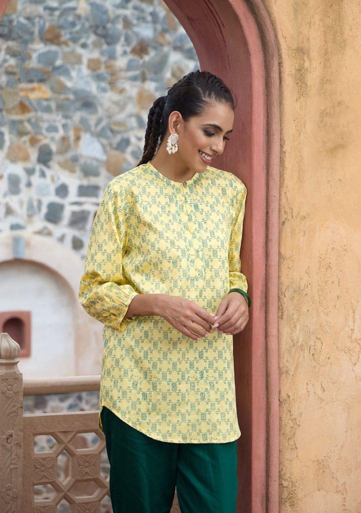 HOC Crafts Glazed Cotton Hand Block Printed Women's Short Kurta - Yellow view 5