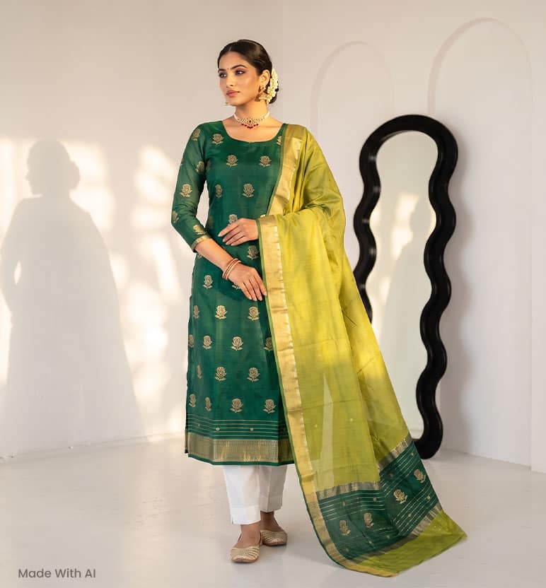 Handloom Chanderi Unstitched 2-Piece Silk By Cotton Suit Set view 6