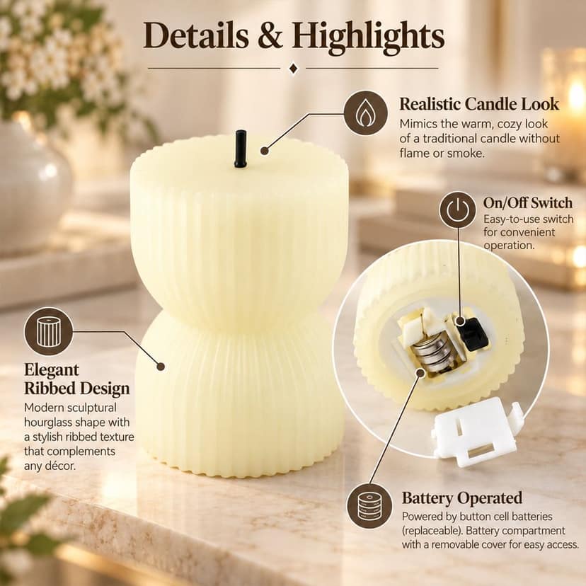 Hourglass Ribbed Flameless LED Candles for Festive Home Decor (6 Pc Set) view 2