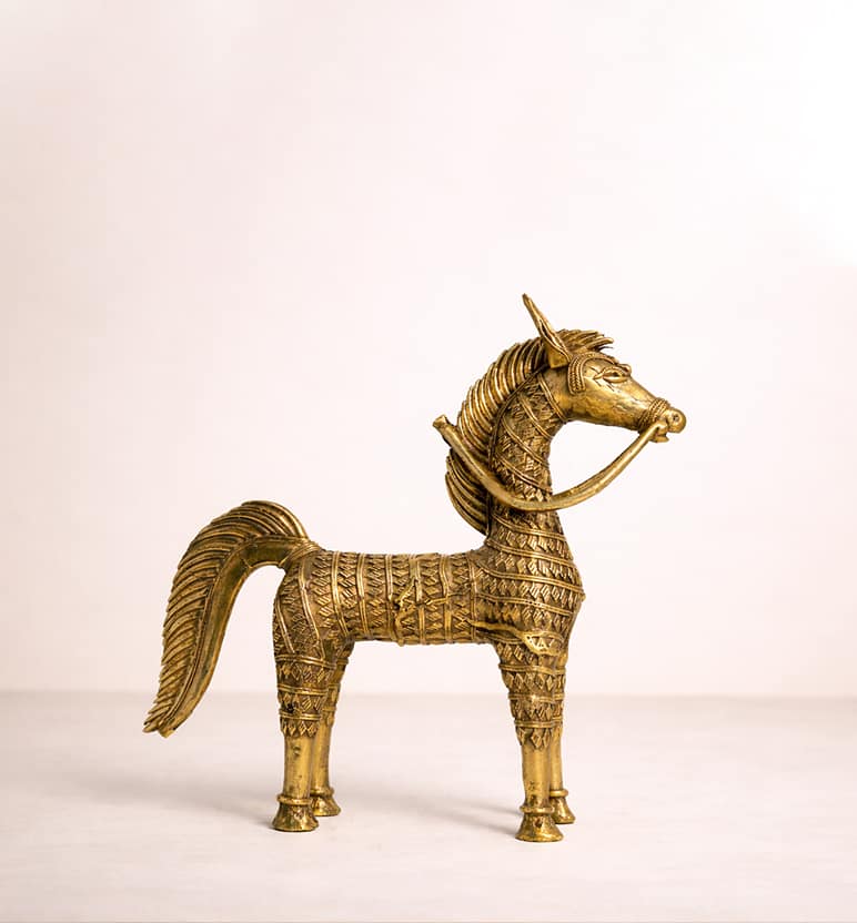 Handcrafted Large Brass Horse Showpiece – Intricate Tribal Bhareva Craft