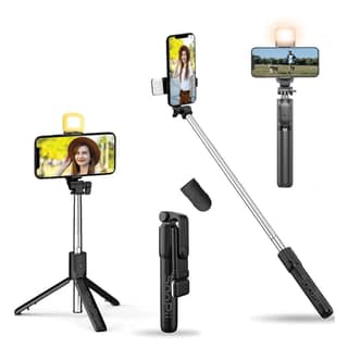 SOOPII Selfie Stick Tripod with Fill Light, 7.5-28inch Phone Tripod Stand with Wireless Remote, Gimbal Mobile Stick Perfect for iPhone and Android Devices - Black
