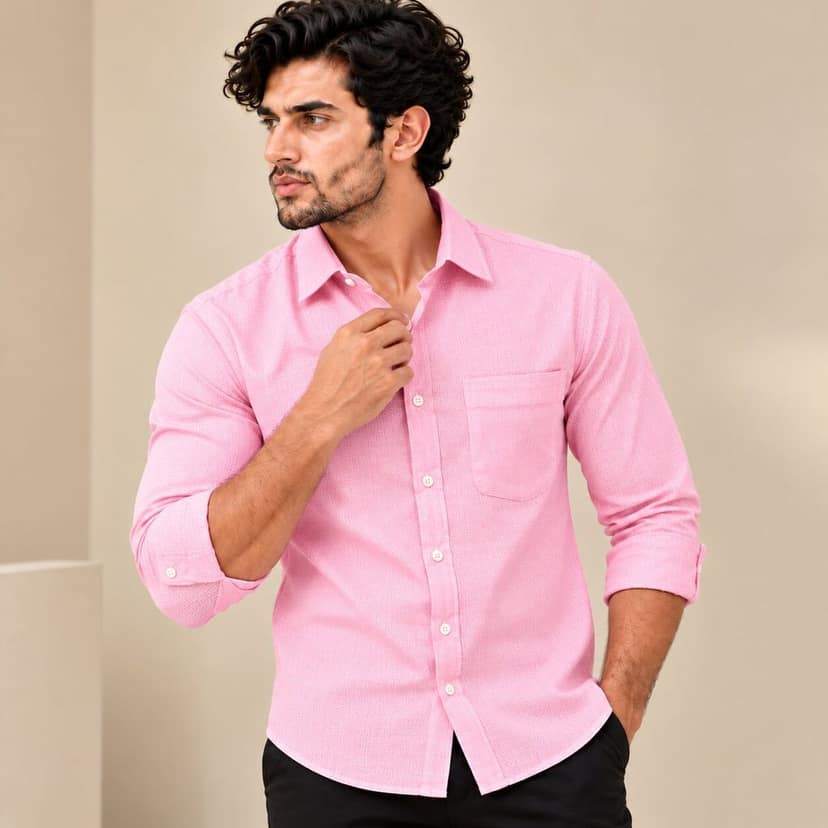 Men's Pink Textured Full Sleeve Shirt