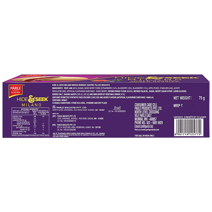 Parle Hide & Seek - Milano Centre Filled Mixed Berries Biscuits, Rich Taste, 75 G view 2