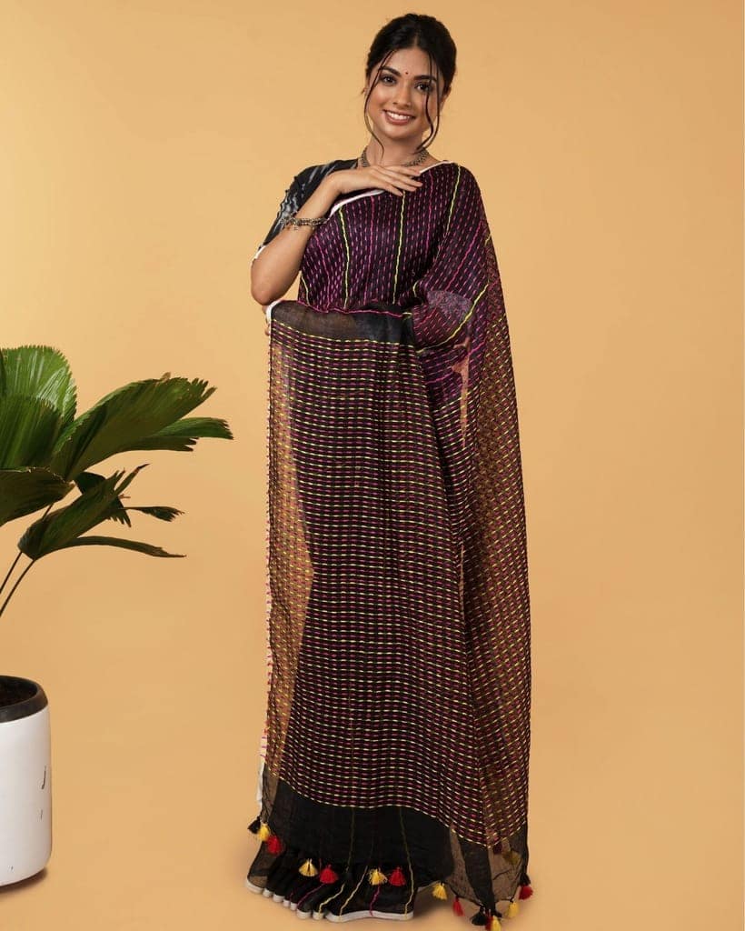 Pure Linen Weaving Design Kantha Work Saree Black Color with Kantha Blouse-2532