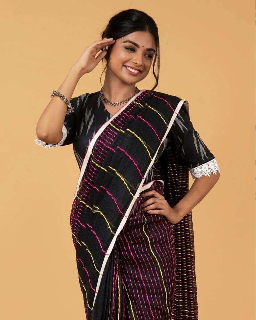 Pure Linen Weaving Design Kantha Work Saree Black Color with Kantha Blouse-2532 view 6