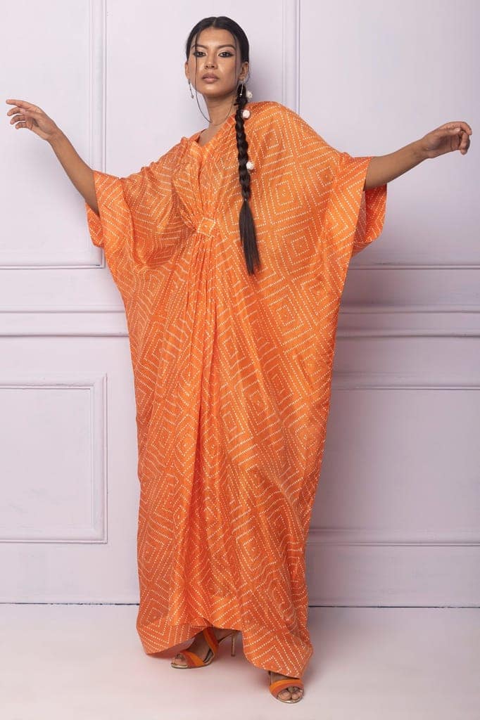 Orange Printed Silk Kaftan view 2