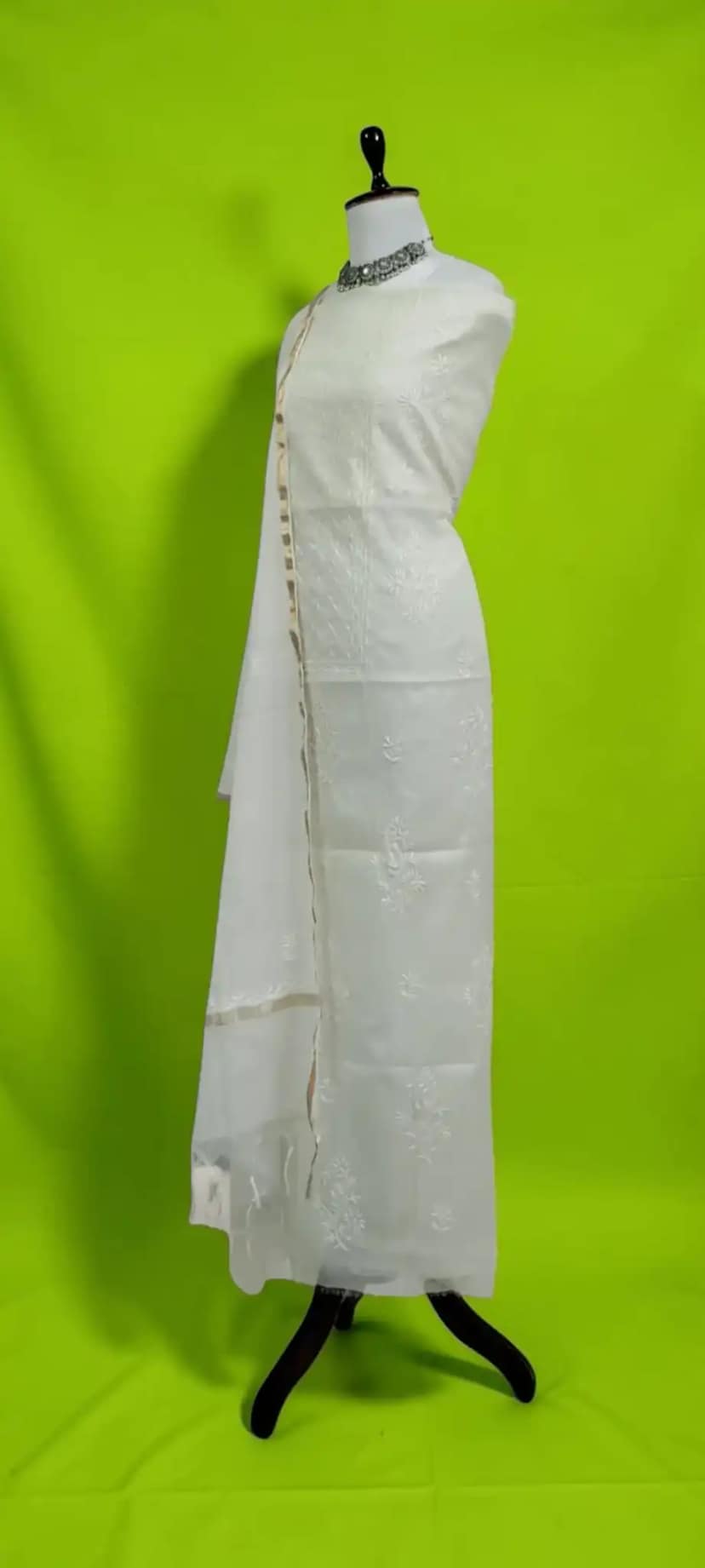 White Chikankari Mul Cotton Dress Material with Hand-Embroidered Dupatta view 2