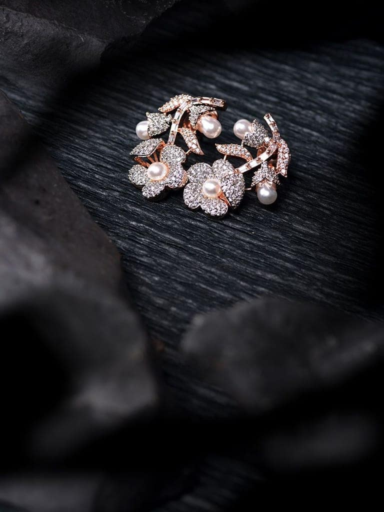 Rose Gold Plated white AD and Pearl studded Flower Stud Handcrafted Earrings view 2