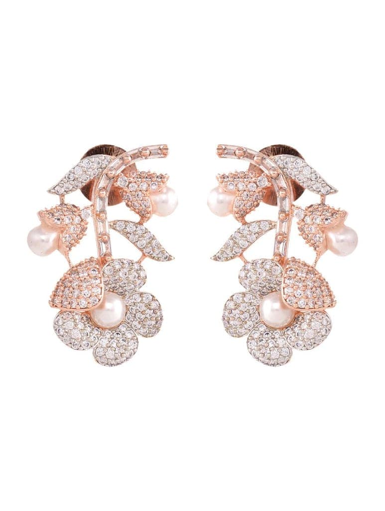 Rose Gold Plated white AD and Pearl studded Flower Stud Handcrafted Earrings view 4