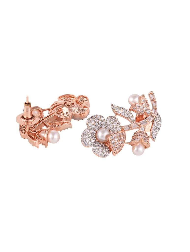 Rose Gold Plated white AD and Pearl studded Flower Stud Handcrafted Earrings view 5