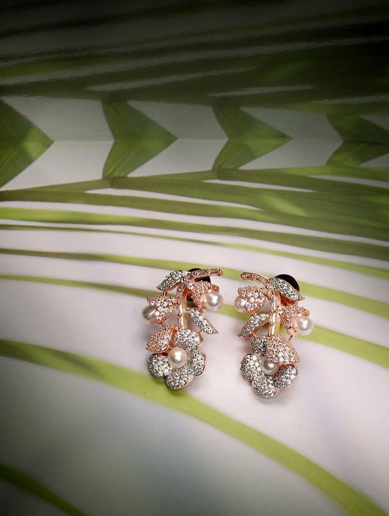 Rose Gold Plated white AD and Pearl studded Flower Stud Handcrafted Earrings view 6