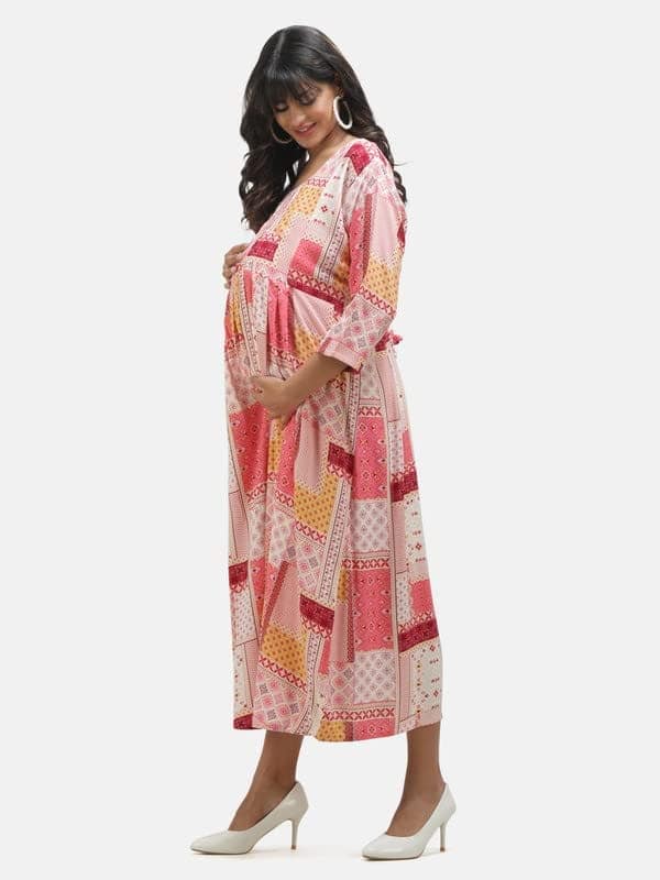 KOI Casual Maternity Dress with Square Print Peach view 3
