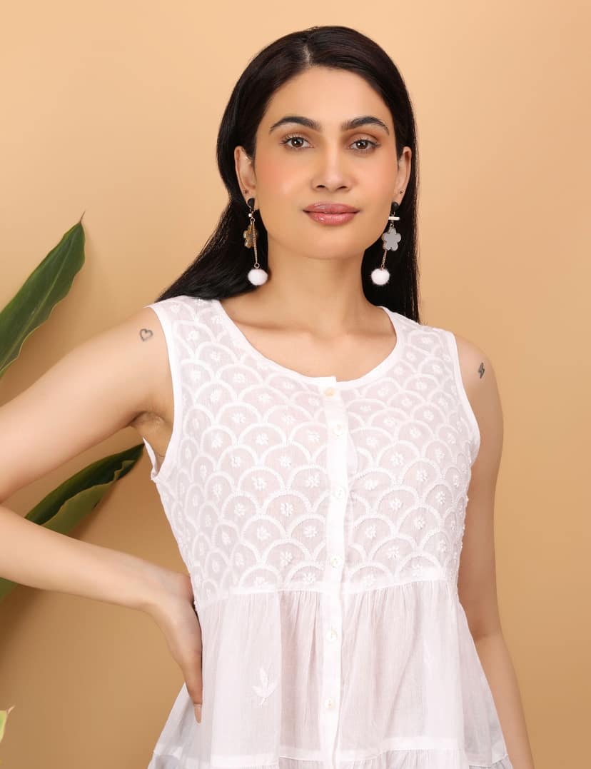 Shwet Women White Chikankari Sleevless Tier Top view 5
