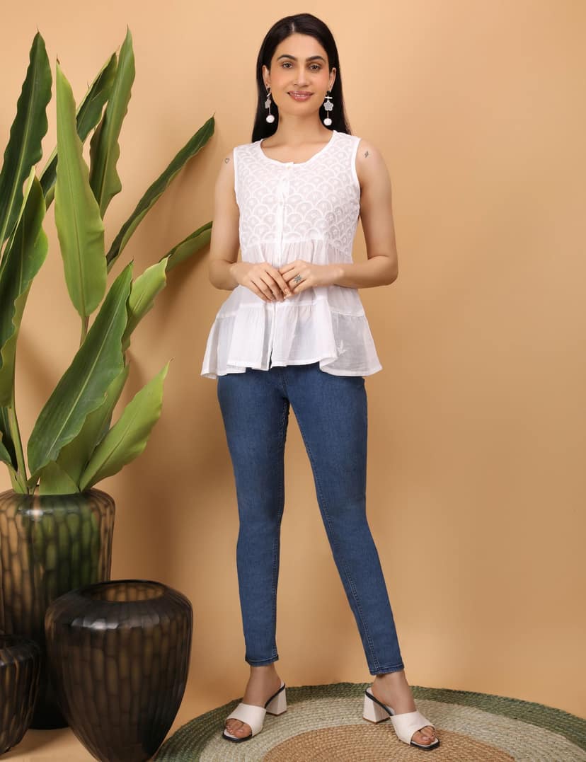 Shwet Women White Chikankari Sleevless Tier Top view 6