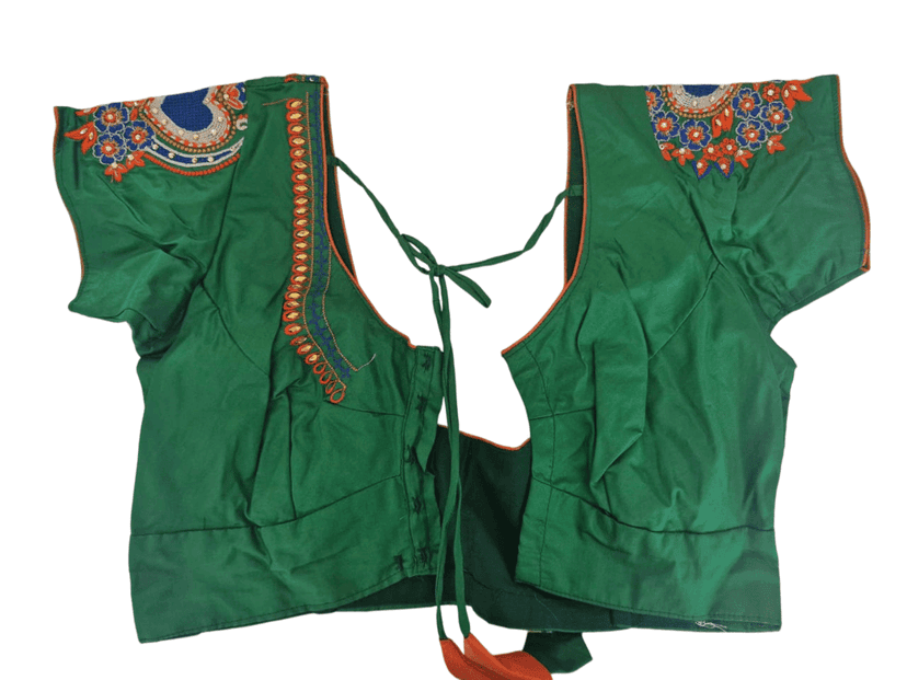 Green blouse with intricate embroidery and mirror work view 3