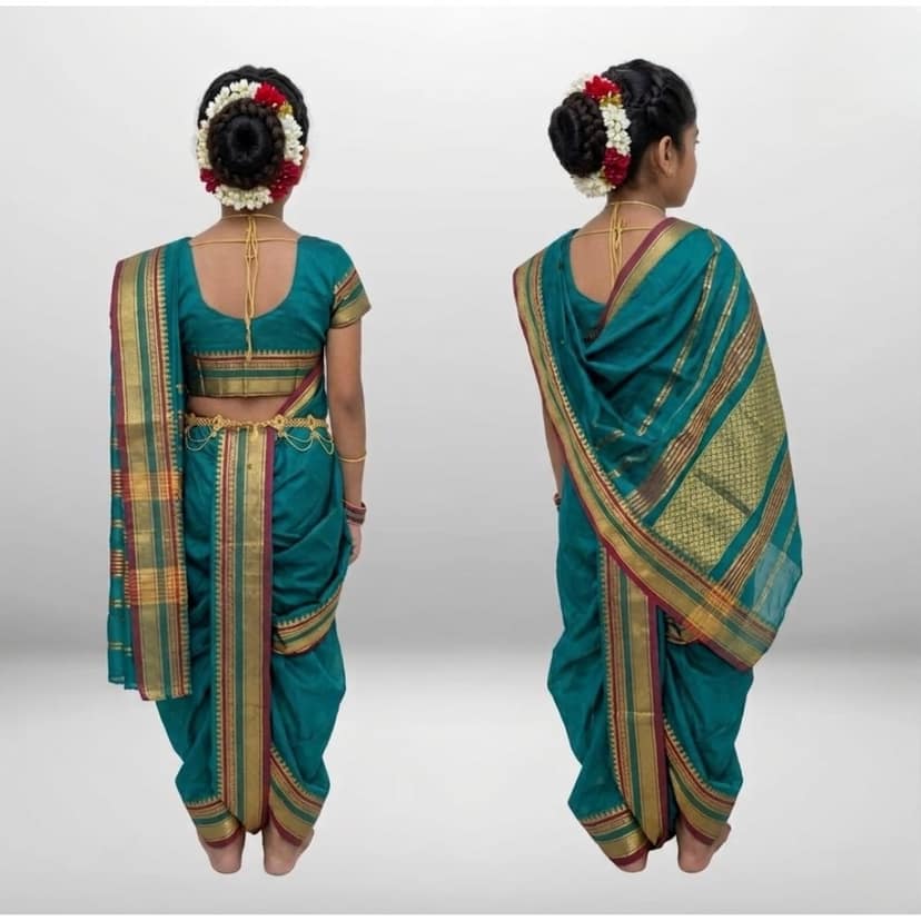 Mom and Me Girls' Ready-to-Wear Mastani Nauwari Saree with Stitched Blouse | Traditional Maharashtrian Ilkal Border | Soft Acrylic Cotton | Age 12 Months to 15 Years (Morpankhi, 3-4 Years) view 2