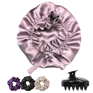Atrube Silk Satin Hair Bonnet Reversible with adjustable tie band Satin bonnet Satin Wrap Silk bonnet with Hair Scalp Massager Shampoo Brush and scrunchies (Purple) Atrube Silk Satin Hair Bonnet Reversible with adjustable tie band Satin bonnet Satin Wrap