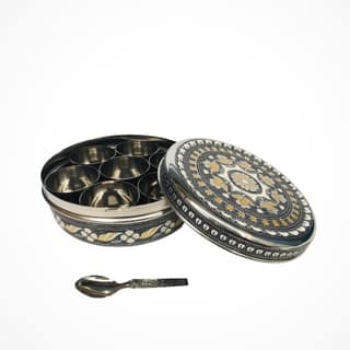 NAVRANG Stainless Steel Spice Box Masala Box Decorative Containersr (7 Steel Cups With 1 Spoon Oxidized)