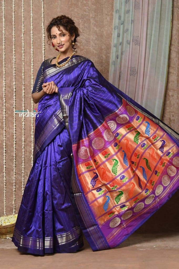 Tyohaar ~ Handloom Pure Silk Maharani Paithani Saree with Handcrafted Peacock Lotus Pallu ~ Royal Blue