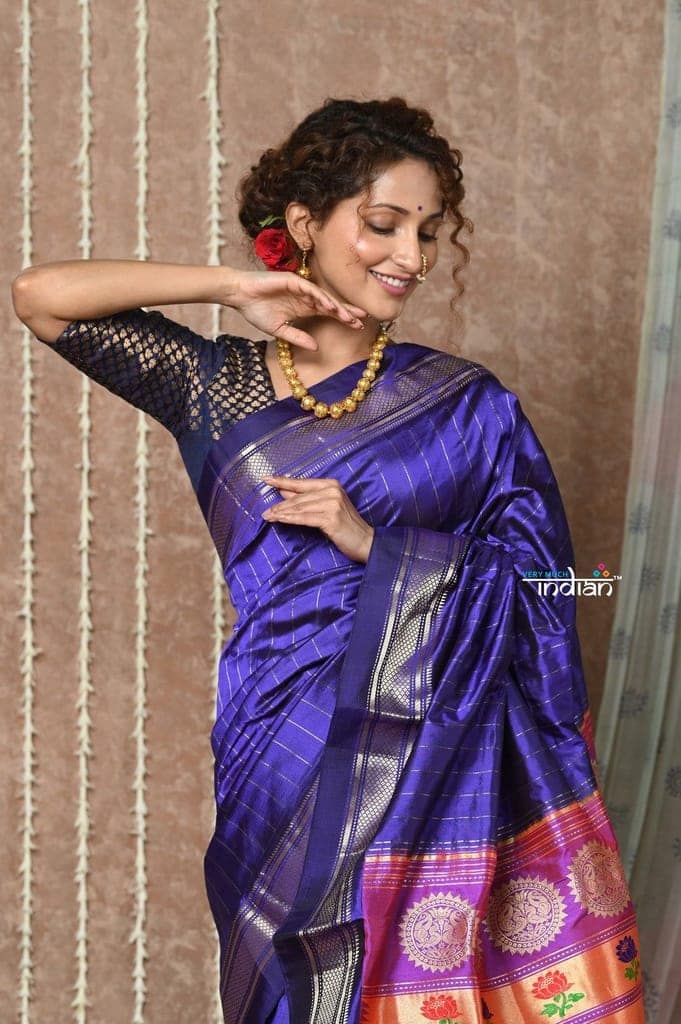 Tyohaar ~ Handloom Pure Silk Maharani Paithani Saree with Handcrafted Peacock Lotus Pallu ~ Royal Blue view 2