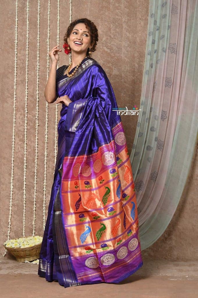 Tyohaar ~ Handloom Pure Silk Maharani Paithani Saree with Handcrafted Peacock Lotus Pallu ~ Royal Blue view 4