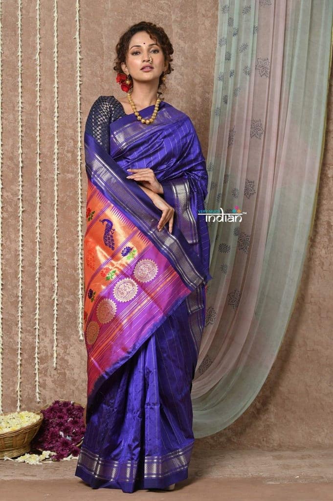 Tyohaar ~ Handloom Pure Silk Maharani Paithani Saree with Handcrafted Peacock Lotus Pallu ~ Royal Blue view 5