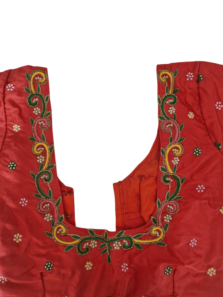 Red and gold embroidered boat neck blouse with elbow length sleeves view 2