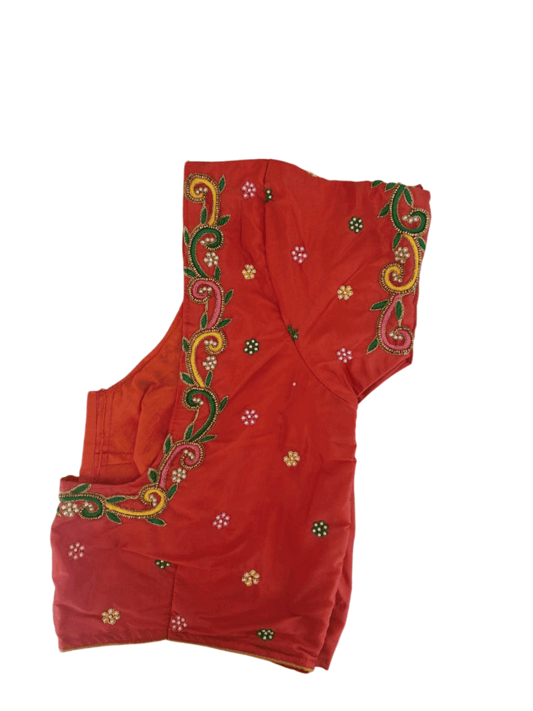 Red and gold embroidered boat neck blouse with elbow length sleeves view 3
