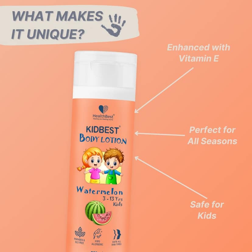 HealthBest Kids Body Lotion 500ml - Tear Free, Watermelon Moisturizer with Shea Butter & Vitamin E – Antibacterial, Paraben & SLS Free view 3