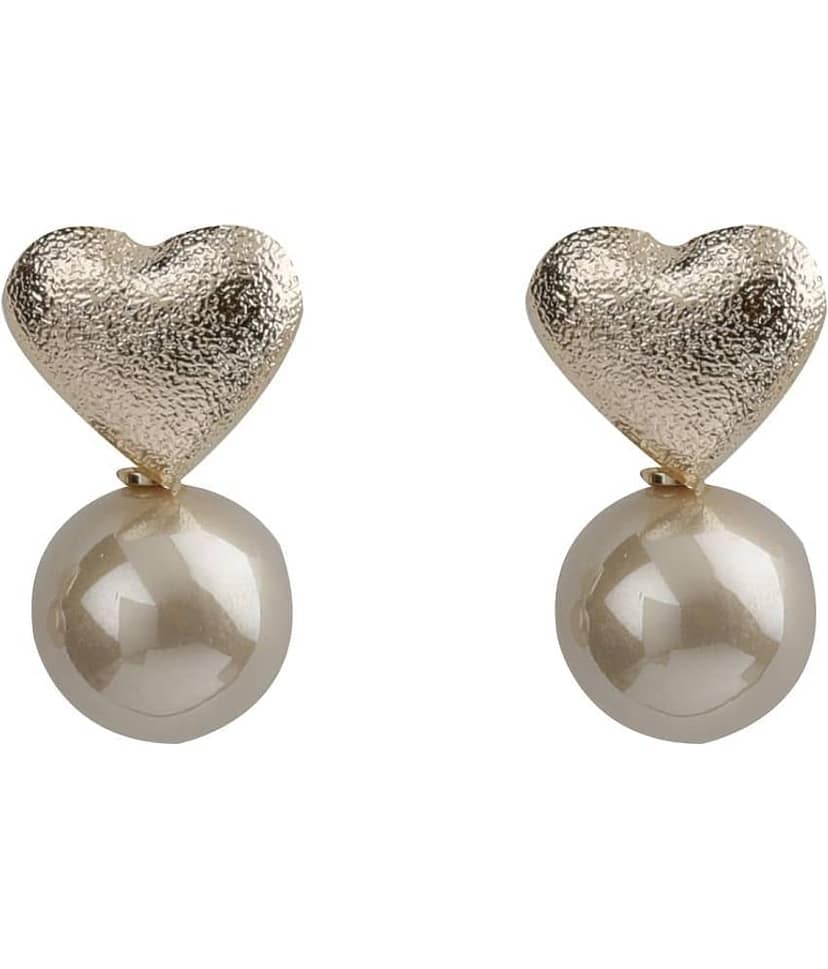 SILVER SHINE Lovely Gold Simple Polished Heart Design With Pearl Stud Earring For Girls And Women