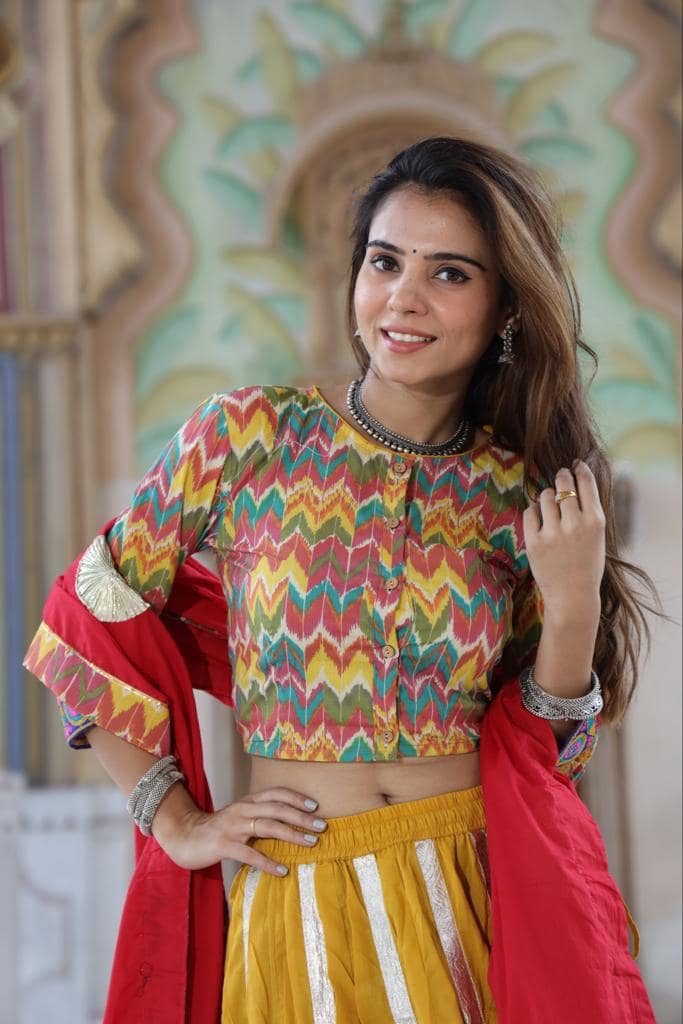 Handblock Printed Gota Patti Lehanga Choli with Mulmul Dupatta (Size: 38-46) Mustard Yellow Color-3958 view 2