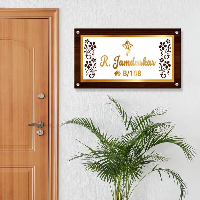 iCreations Personalised Nameplate for home entrance with wood-like background (9x16 Inch) view 2