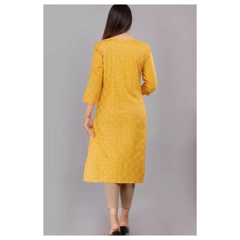 kurti for woman" Straight Printed Cotton Rayon Single Kurti Kurta. ( Yellow ) view 3