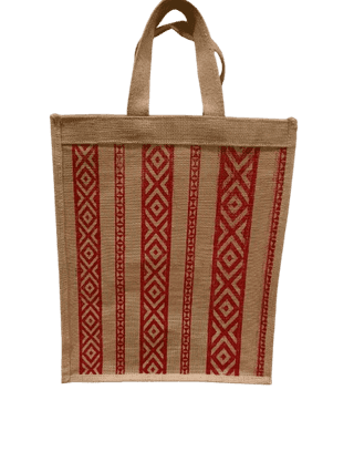 Handwoven Jute Tote Bag with Red Geometric Print