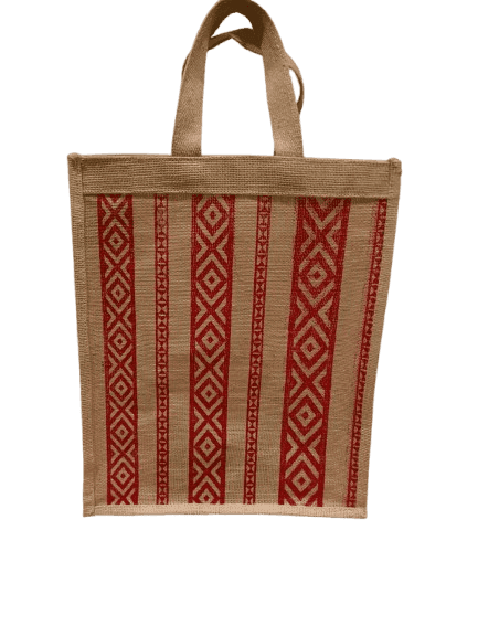 Handwoven Jute Tote Bag with Red Geometric Print
