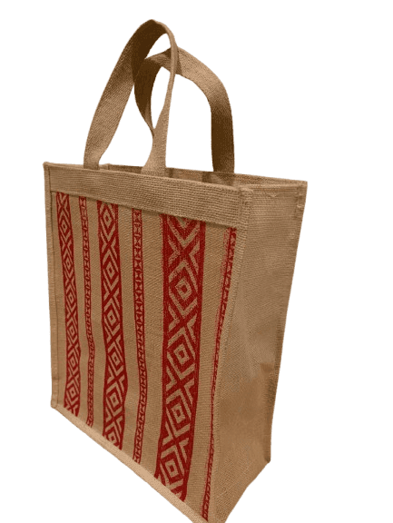 Handwoven Jute Tote Bag with Red Geometric Print view 2