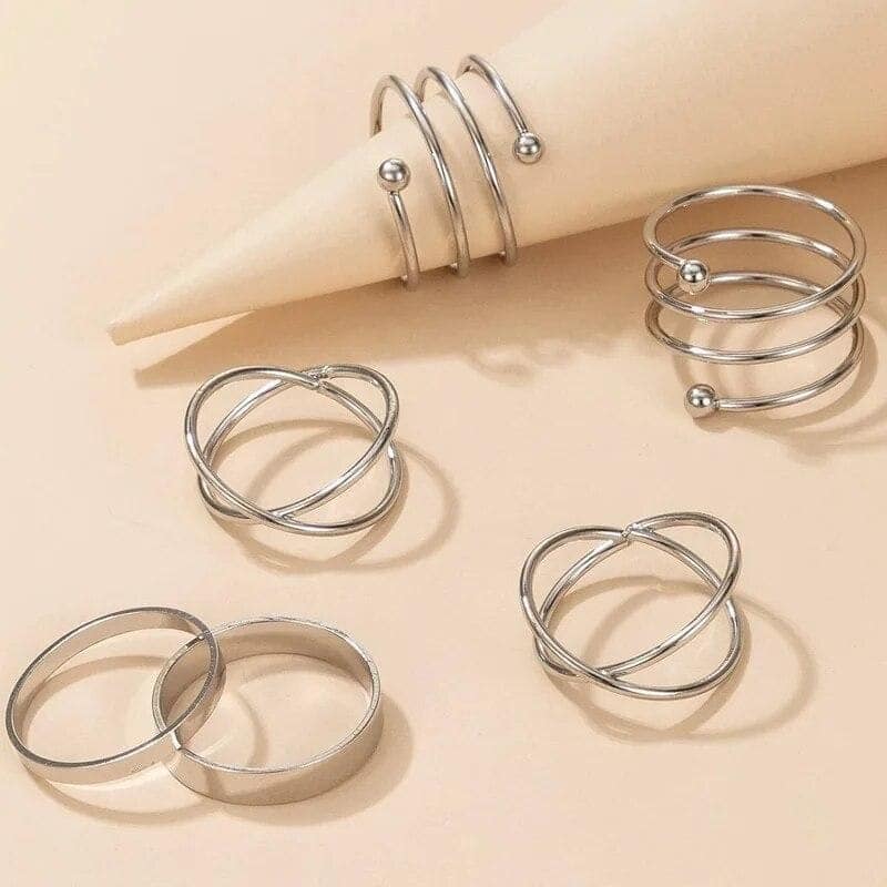 Silver Color Round Hollow Geometric Fashion Cross Twist Open Ring Set Joint (6Pcs) view 2