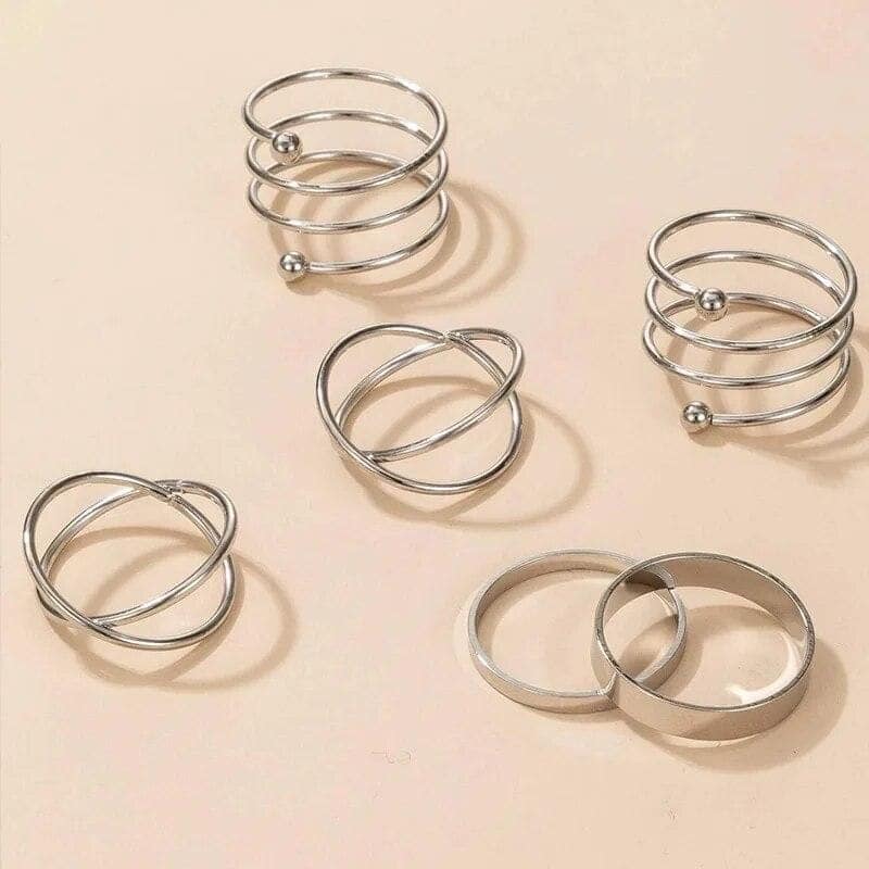 Silver Color Round Hollow Geometric Fashion Cross Twist Open Ring Set Joint (6Pcs) view 3