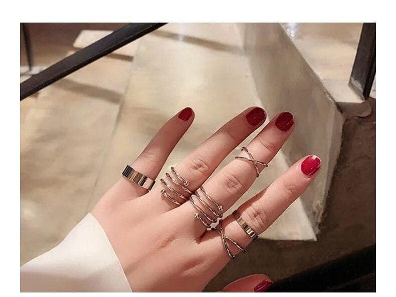 Silver Color Round Hollow Geometric Fashion Cross Twist Open Ring Set Joint (6Pcs) view 4