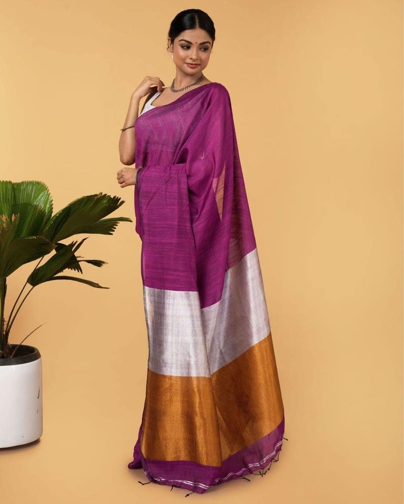 Silk Linen Plain Saree Deep Purple Color with contrast border and attached Running Blouse (Any Color Customizable)-7860 view 2