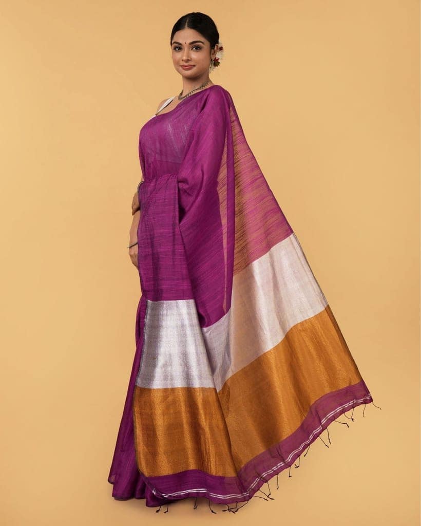 Silk Linen Plain Saree Deep Purple Color with contrast border and attached Running Blouse (Any Color Customizable)-7860 view 3