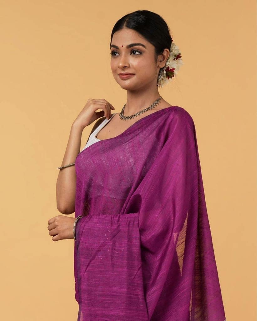 Silk Linen Plain Saree Deep Purple Color with contrast border and attached Running Blouse (Any Color Customizable)-7860 view 4