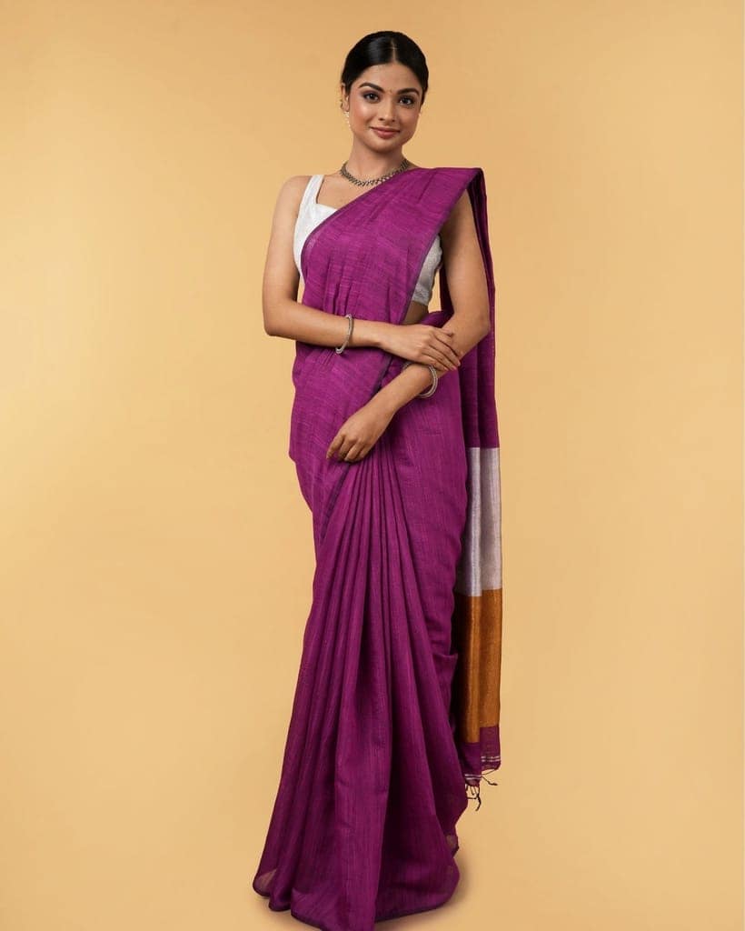 Silk Linen Plain Saree Deep Purple Color with contrast border and attached Running Blouse (Any Color Customizable)-7860 view 5