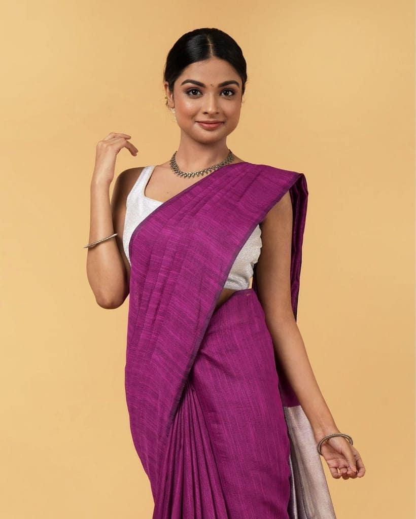 Silk Linen Plain Saree Deep Purple Color with contrast border and attached Running Blouse (Any Color Customizable)-7860 view 6