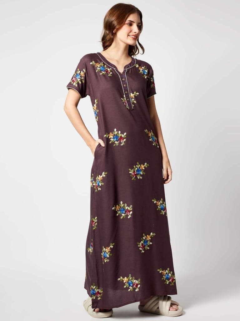 Zeyo Women Rayon Brown Floral Embroidery Nighty view 3