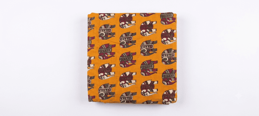 KALAMKARI MATERIAL YELLOW COLOUR WITH ELEPHANT DESIGN (1 MTR)