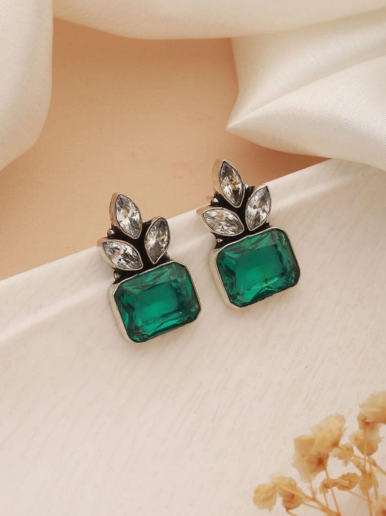 Silver Toned Green Turquoise Minimal Officewear Studds Earrings view 2